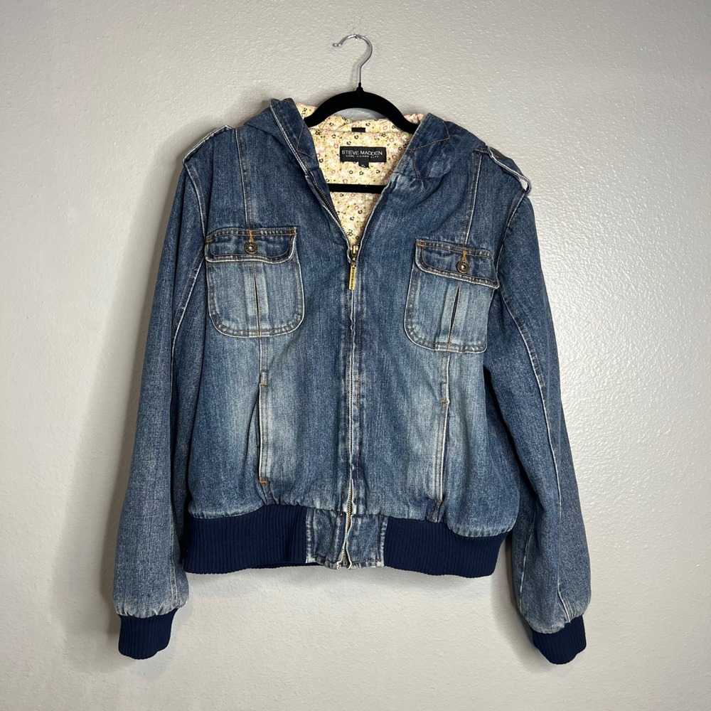 Vintage Steve‎ Madden Denim Jacket Sz XL Hooded Bomber Floral Lined Y2K Utility